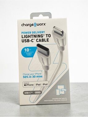 ChargeWorx 10ft Silver Lightning to USB-C Cable - Power Delivery